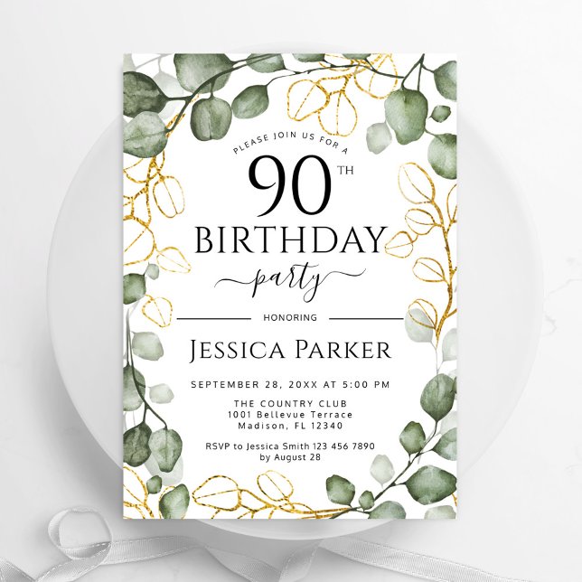 90th Birthday Party Eucalyptus Watercolor Invitation (Creator Uploaded)
