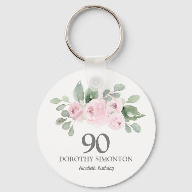 90th Birthday Party Favour Pink Rose Eucalyptus Key Ring (Back)