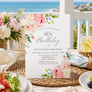 90th Birthday Party Feminine Pink Roses Floral Invitation