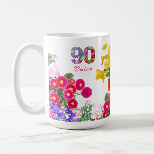 90th Birthday Party - Floral Bouquet 90 Years Coffee Mug (Left)