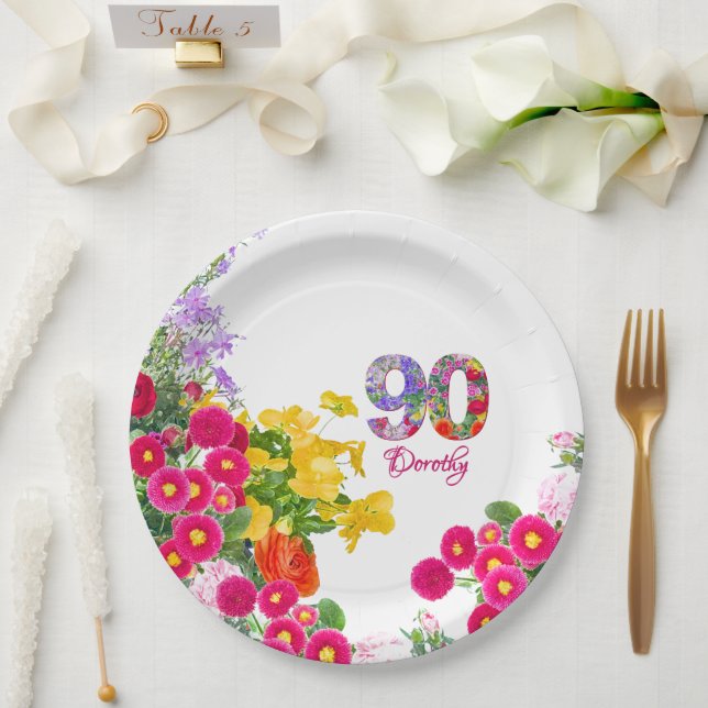 90th Birthday Party Floral Flowers Modern 90 Years Paper Plate (Wedding)
