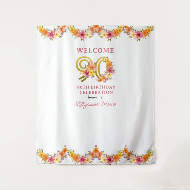 90th Birthday Party Floral Gold Number 90 Backdrop Tapestry (Front)