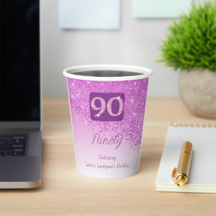 90th Birthday Party Gleaming Pink Glitter Paper Cups