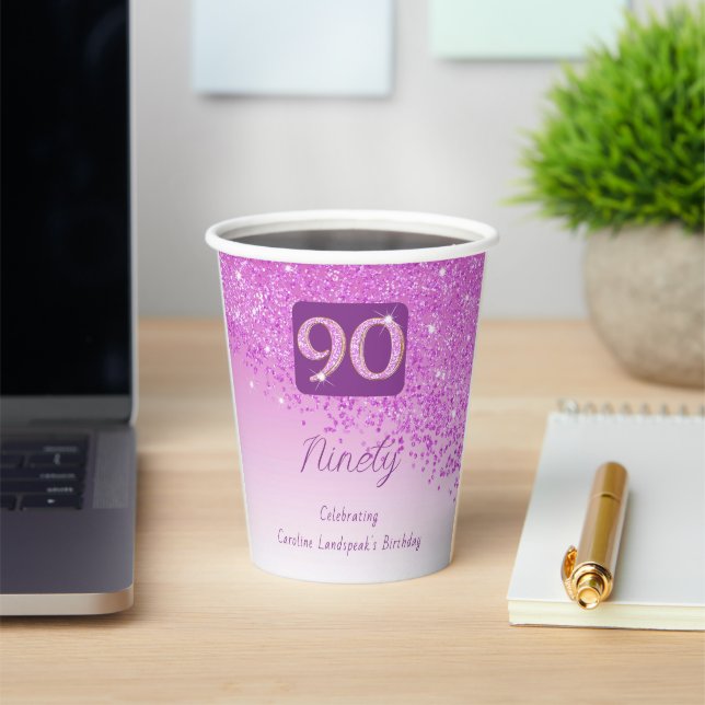 90th Birthday Party Gleaming Pink Glitter Paper Cups (Insitu)