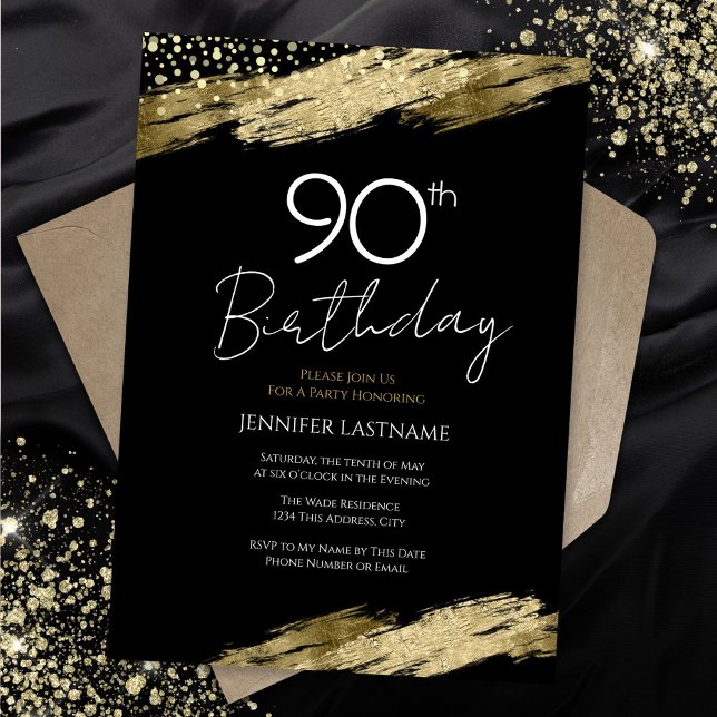 90th Birthday Party Gold Black Invitation (Creator Uploaded)