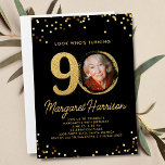 90th Birthday Party Gold Glitter Confetti Photo Invitation<br><div class="desc">Celebrate in style with this fun, festive 90th birthday party invitation featuring the birthday person’s photo framed by faux gold glitter accents and a stunning black background. Classic and elegant yet super fun and festive - the perfect invitation to make the birthday girl/guy feel special. Please check out the birthday...</div>