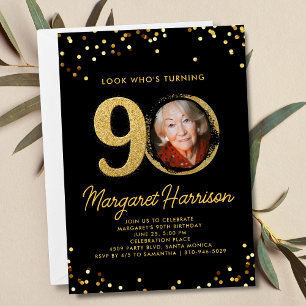 90th Birthday Party Gold Glitter Confetti Photo Invitation
