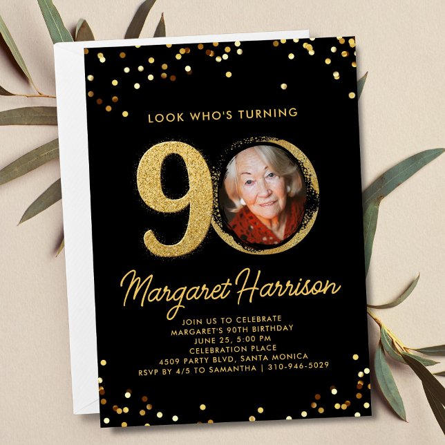 90th Birthday Party Gold Glitter Confetti Photo Invitation (Creator Uploaded)