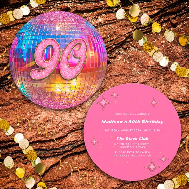 90th Birthday Party Gold Pink Glitter Disco Ball Invitation (Front/Back)