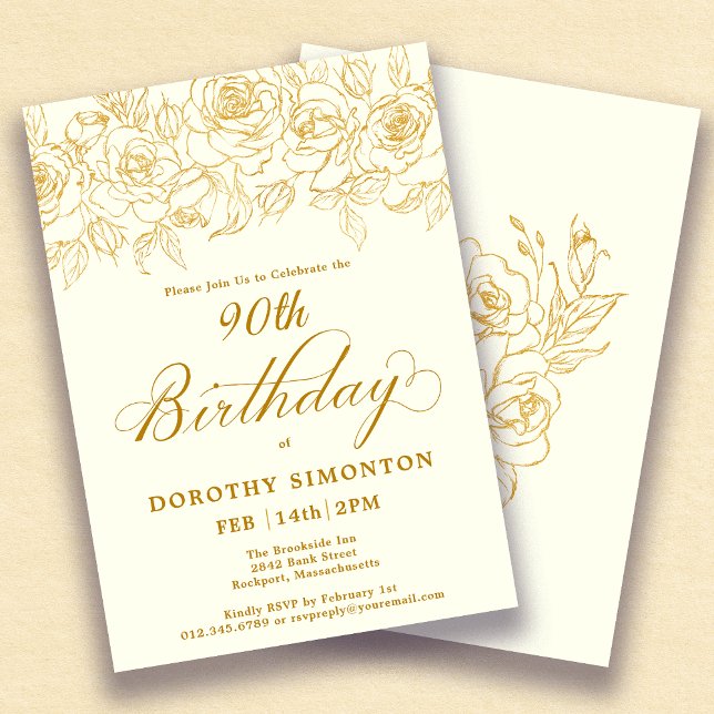 90th Birthday Party Gold Rose Floral Ivory White Invitation (Creator Uploaded)