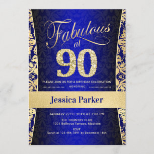 90th Birthday Party - Gold Royal Blue Invitation