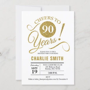 90th Birthday Party - Gold White Invitation