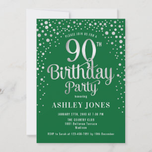 90th Birthday Party - Green & Silver Invitation