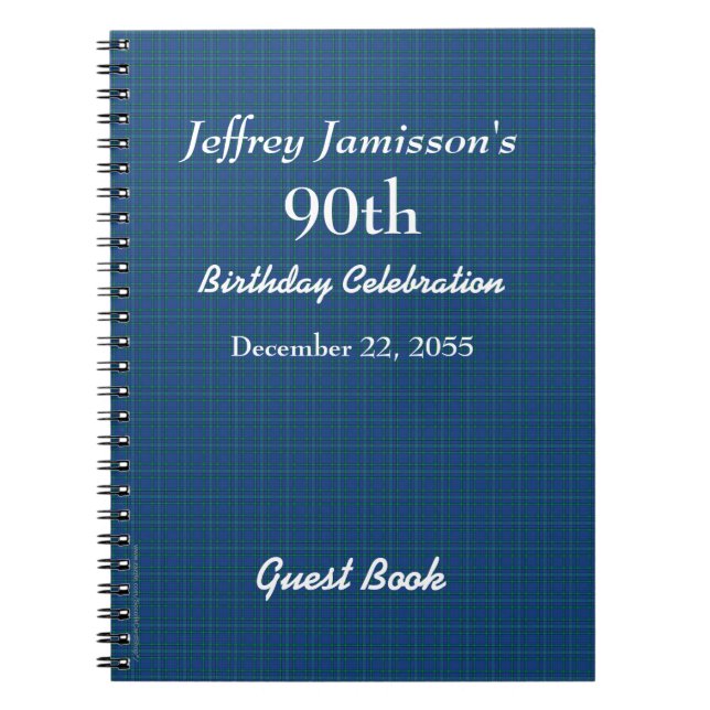 90th Birthday Party Guest Book Blue Plaid (Front)