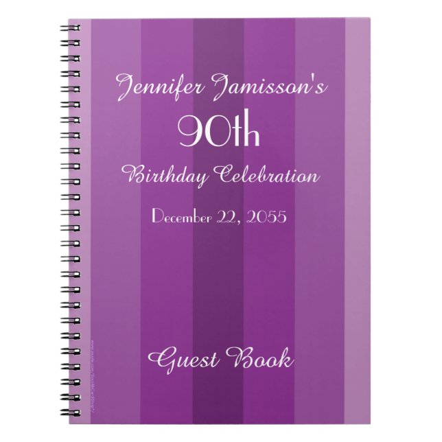 90th Birthday Party Guest Book Purple Stripe (Front)