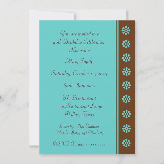 90th Birthday Party Invitation Aqua and Brown (Front)