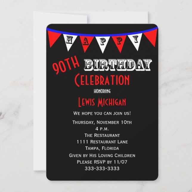 90th Birthday Party Invitation Bunting (Front)
