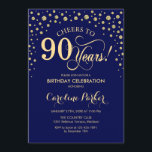 90th Birthday Party Invitation - Gold Navy Blue<br><div class="desc">90th Birthday Party Invitation.
Elegant design with faux glitter gold and navy blue. Cheers to 90 Years! Message me if you need further customization.</div>