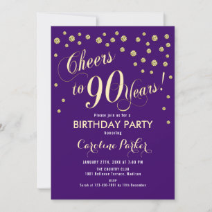 90th Birthday Party Invitation - Gold Purple