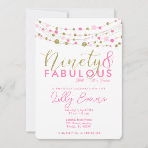 90th birthday party invitation, pink and gold invitation