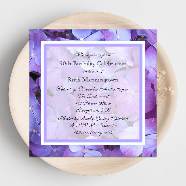 90th Birthday Party Invitation Purple Hydrangeas (Creator Uploaded)