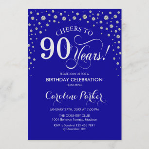 90th Birthday Party Invitation - Silver Royal Blue