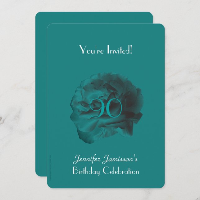90th Birthday Party Invitation Teal Rose (Front/Back)
