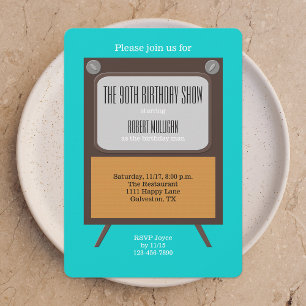 90th Birthday Party Invitation TV on Blue