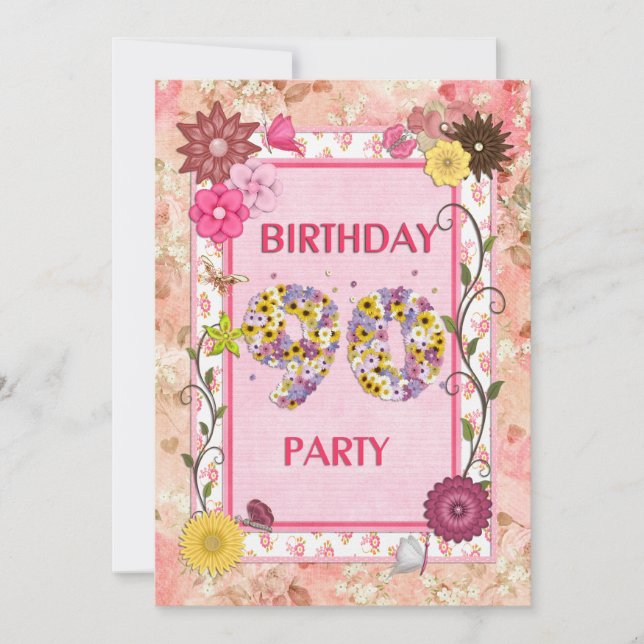 90th birthday party invitation with floral frame (Front)