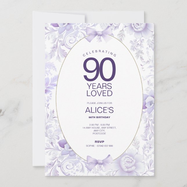 90th Birthday Party Invite, Modern Floral Purple Invitation (Front)