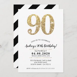 90TH BIRTHDAY PARTY INVITE modern gold glitter