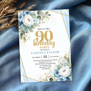 90th Birthday Party Invite Watercolor Blue Flowers
