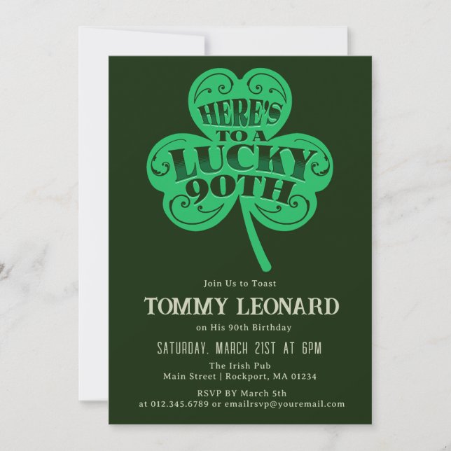 90th Birthday Party Lucky Shamrock Irish Invitation (Front)