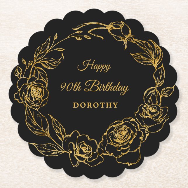 90th Birthday Party Luxe Gold Rose Floral Black Paper Coaster (Front)