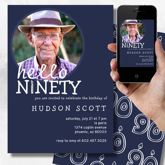 90th Birthday Party Mens Photo Ninety Navy Blue Invitation (Creator Uploaded)