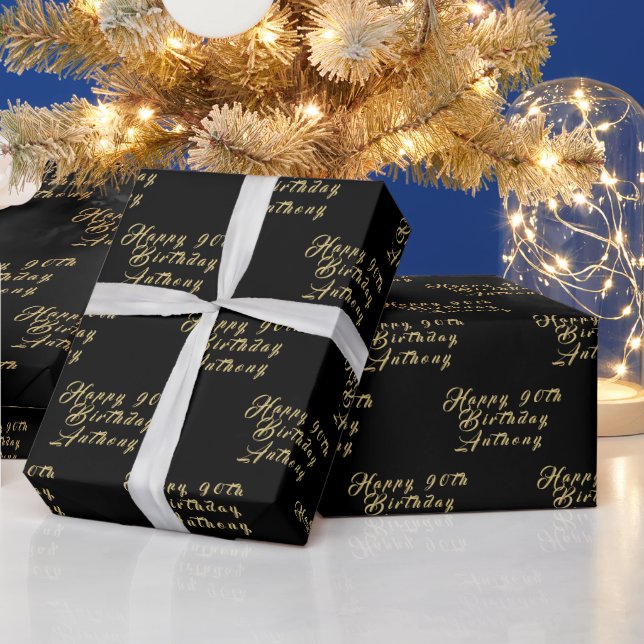 90th Birthday Party Name Black Modern Pattern Wrapping Paper (Holidays)