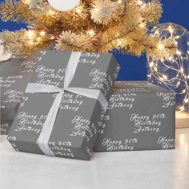 90th Birthday Party Name Grey Modern Pattern Wrapping Paper (Holidays)