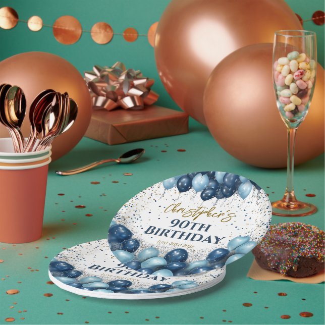90th Birthday Party Navy Balloons Paper Plate (Multi)