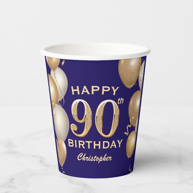 90th Birthday Party Navy Blue and Gold Balloons Paper Cups (Front)