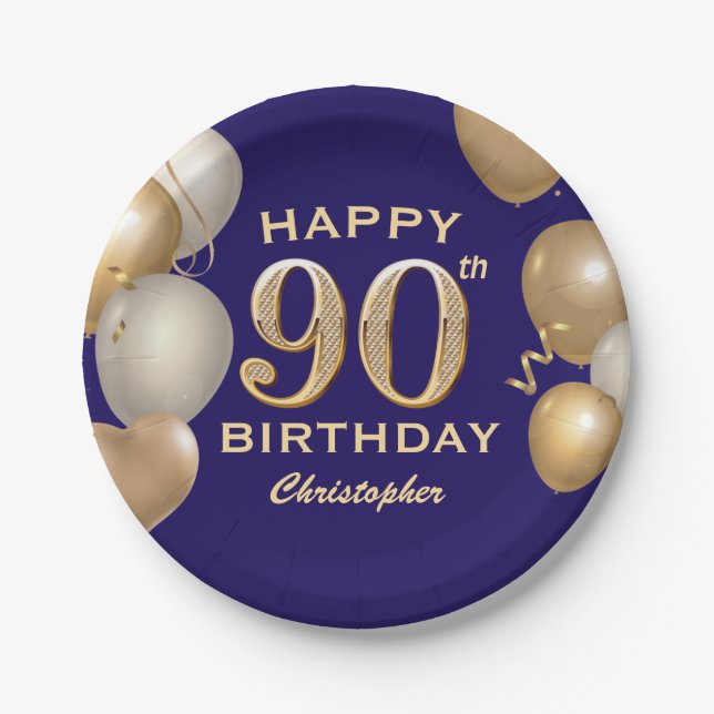 90th Birthday Party Navy Blue and Gold Balloons Paper Plate (Front)