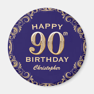 90th Birthday Party Navy Blue and Gold Glitter Magnet