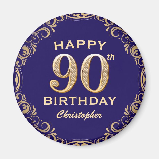 90th Birthday Party Navy Blue and Gold Glitter Magnet (Front)