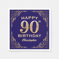 90th Birthday Party Navy Blue and Gold Glitter