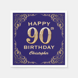 90th Birthday Party Navy Blue and Gold Glitter Napkin