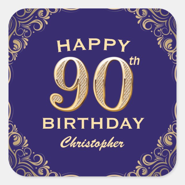 90th Birthday Party Navy Blue and Gold Glitter Square Sticker (Front)