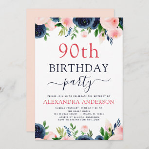 90th Birthday Party Navy Blue Blush Pink Floral Invitation