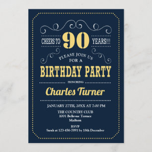 90th Birthday Party - Navy Gold Invitation