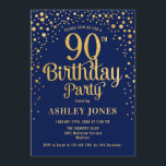 90th Birthday Party - Navy & Gold Invitation<br><div class="desc">90th Birthday Party Invitation.
Elegant design in navy blue and faux glitter gold. Features stylish script font and confetti. Message me if you need custom age.</div>