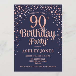 90th Birthday Party - Navy & Rose Gold Invitation