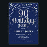90th Birthday Party - Navy & Silver Invitation<br><div class="desc">90th Birthday Party Invitation.
Elegant design in dark navy blue and faux glitter silver. Features stylish script font and confetti. Message me if you need custom age.</div>